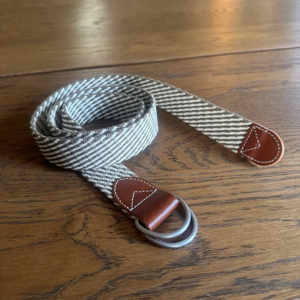 J Crew‎ Woven Belt Men cream & tan leather accent silver buckle Size L